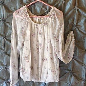 GUSSY Silk Off Shoulder Floral Peasant Blouse